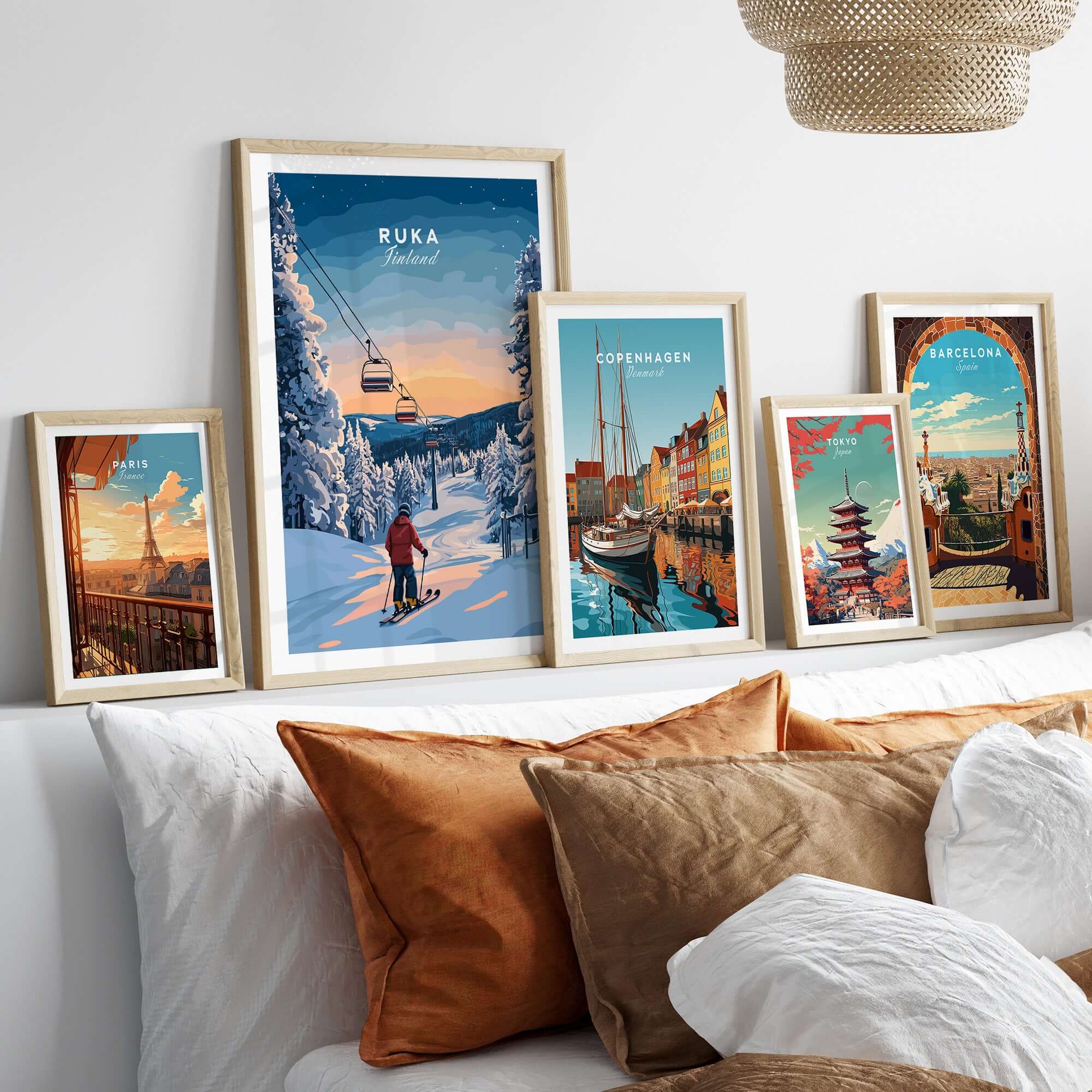 Ruka Finland ski poster displayed on a wall among other travel-themed art prints, showcasing Nordic winter charm.
