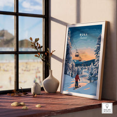 Ruka Finland ski poster displayed in a cozy interior, showcasing a serene winter landscape with snow and a ski lift.