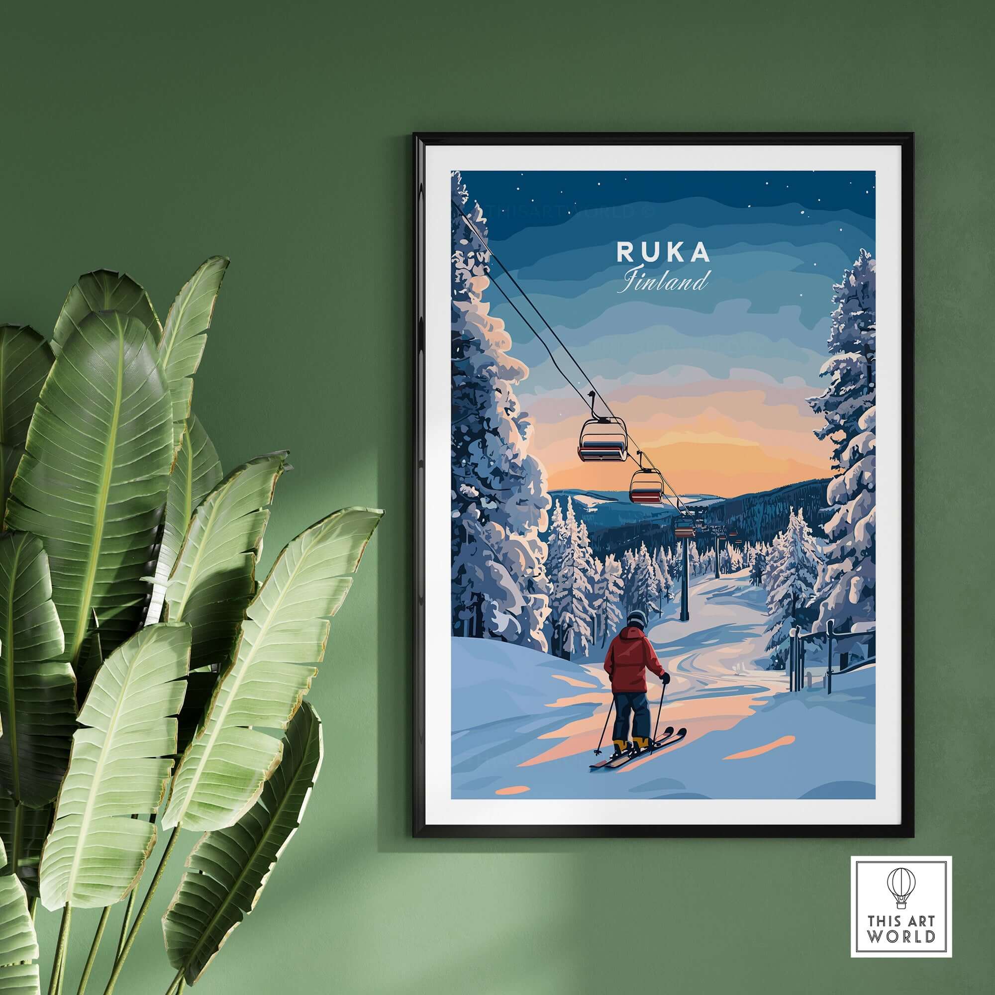Ruka Finland ski poster showcasing a snowy landscape and ski lift, perfect Nordic winter wall art for home decor.