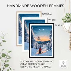 Handmade wooden frames in natural, white, and black for Ruka Finland ski poster, ready to hang and sustainably sourced.