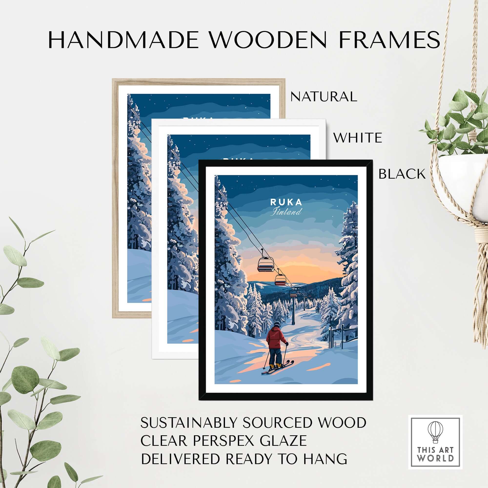 Handmade wooden frames in natural, white, and black for Ruka Finland ski poster, ready to hang and sustainably sourced.