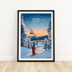 Ruka Finland ski poster showcasing a winter landscape with a skier and chairlift at sunset.
