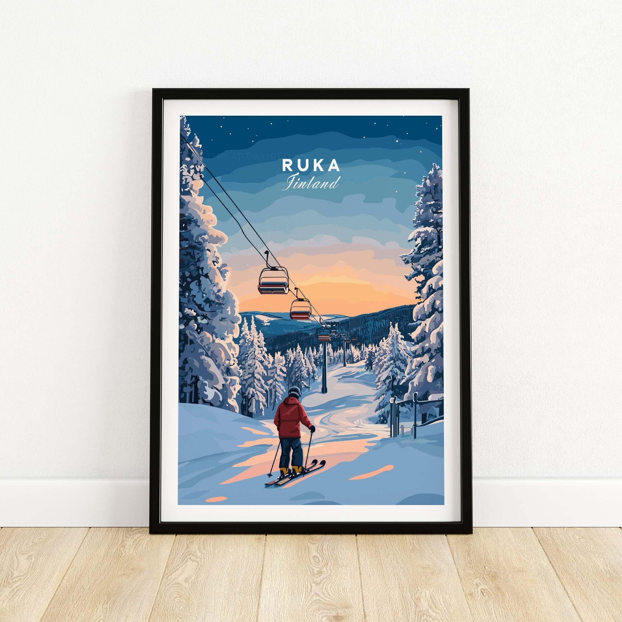 Ruka Finland ski poster showcasing a winter landscape with a skier and chairlift at sunset.