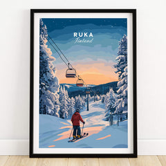 Ruka Finland Ski Poster - Nordic Winter Wall Art, Snowscape Print depicting a skier in a snowy landscape during sunset.