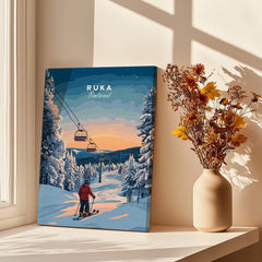 Ruka Finland Ski Poster - Nordic Winter Wall Art, Snowscape Print displayed indoors with flowers.