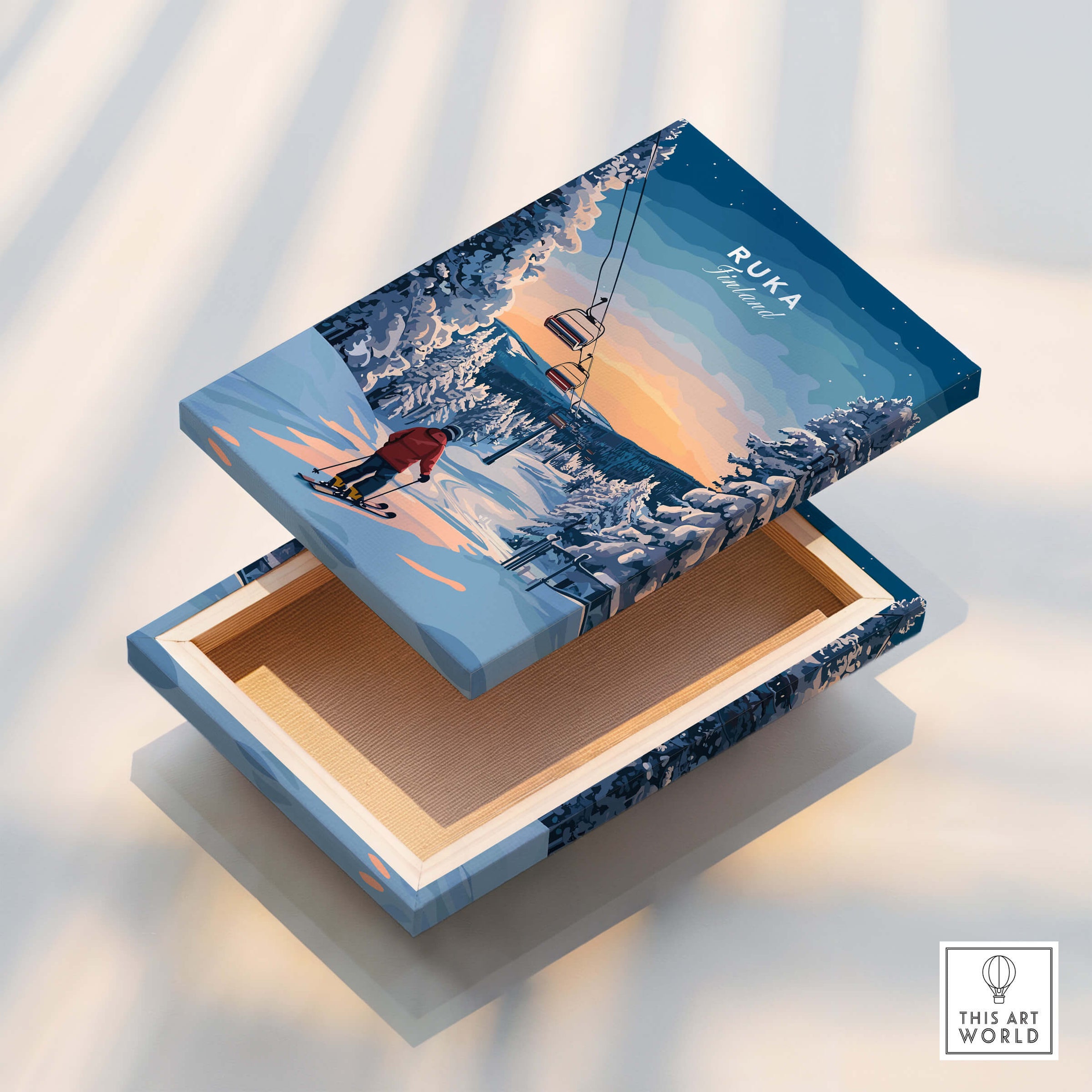Ruka Finland Ski Poster - Nordic Winter Wall Art, Snowscape Print featuring a serene winter landscape and skier.