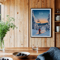 Ruka Finland Ski Poster - Nordic Winter Wall Art, Snowscape Print displayed in a cozy cabin with wooden walls.
