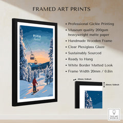 Ruka Finland Ski Poster - Nordic Winter Wall Art, Snowscape Print displayed in a handmade wooden frame with clear plexiglass.