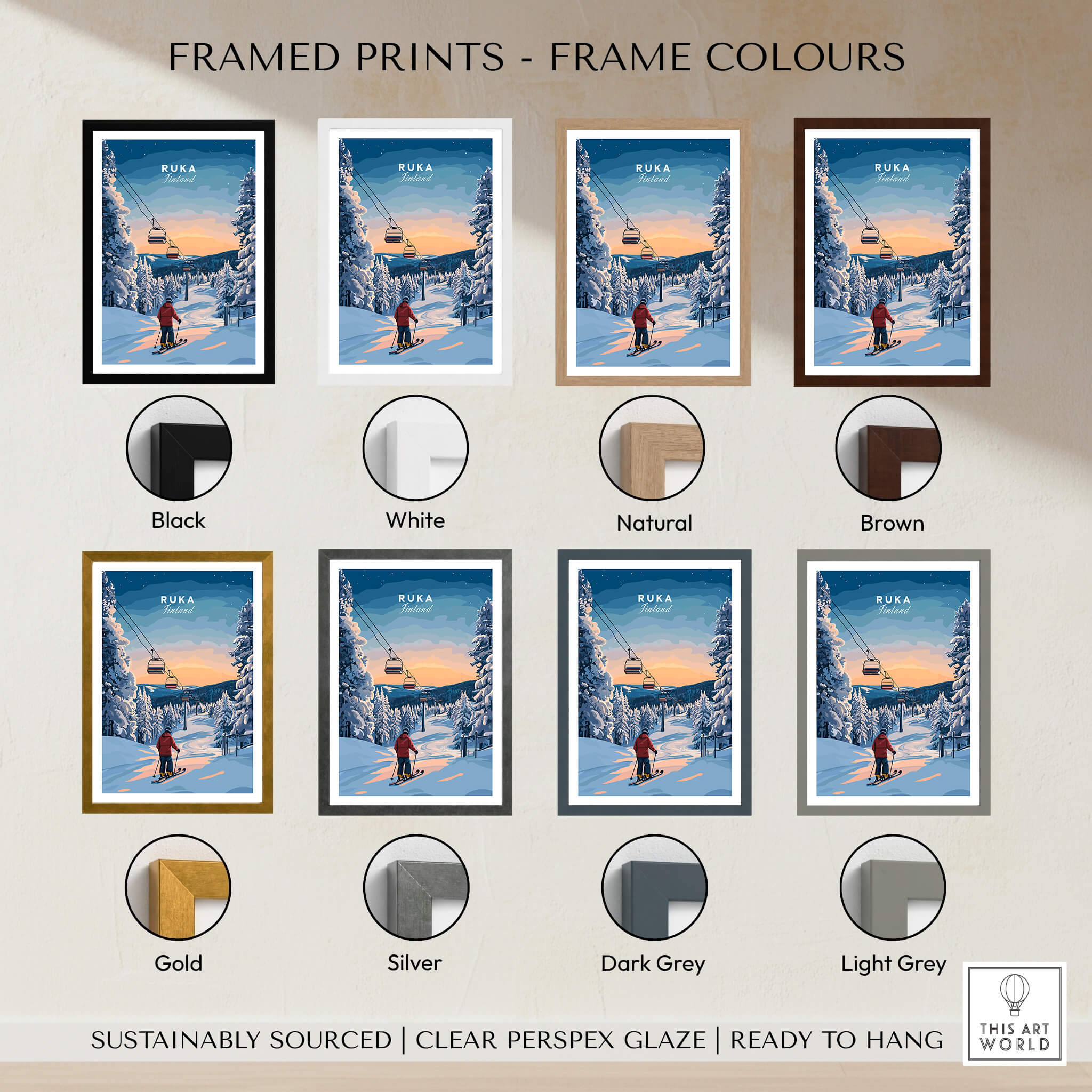 Ruka Finland Ski Poster - Nordic Winter Wall Art, Snowscape Print framed in various colours, showcased in a stylish arrangement.