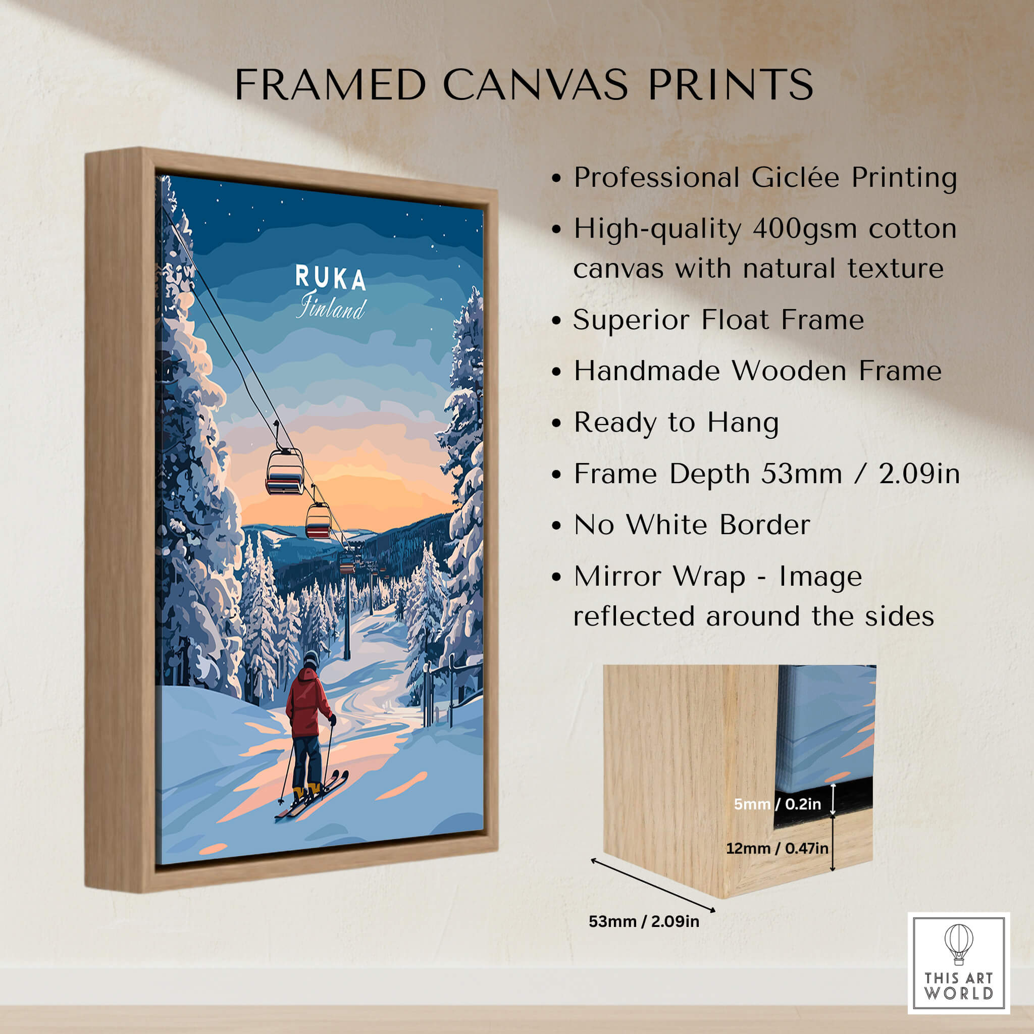 Ruka Finland Ski Poster - Nordic Winter Wall Art, Snowscape Print showcasing framed canvas print features.