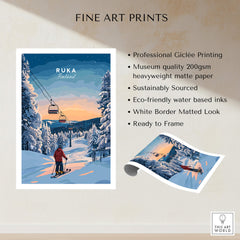 Ruka Finland Ski Poster - Nordic Winter Wall Art, Snowscape Print showcasing a skier in a snowy landscape with a ski lift.