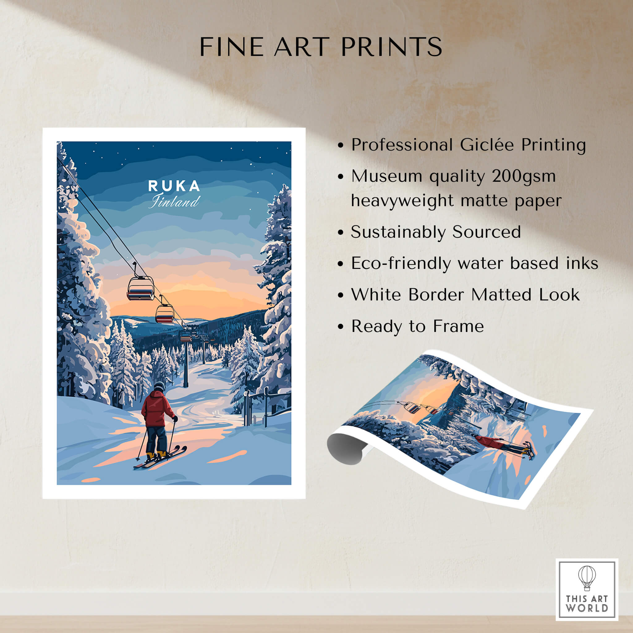 Ruka Finland Ski Poster - Nordic Winter Wall Art, Snowscape Print showcasing a skier in a snowy landscape with a ski lift.