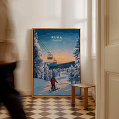 Ruka Finland Ski Poster - Nordic Winter Wall Art, Snowscape Print displayed in a cozy interior setting.