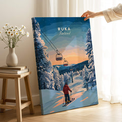 Ruka Finland Ski Poster - Nordic Winter Wall Art, Snowscape Print featuring a skier and a sunset backdrop.