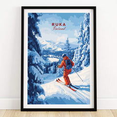 Finland Ski Run Poster - Ruka Snowy Peaks Art Print, Nordic Travel Decor featuring a skier in snowy landscape.