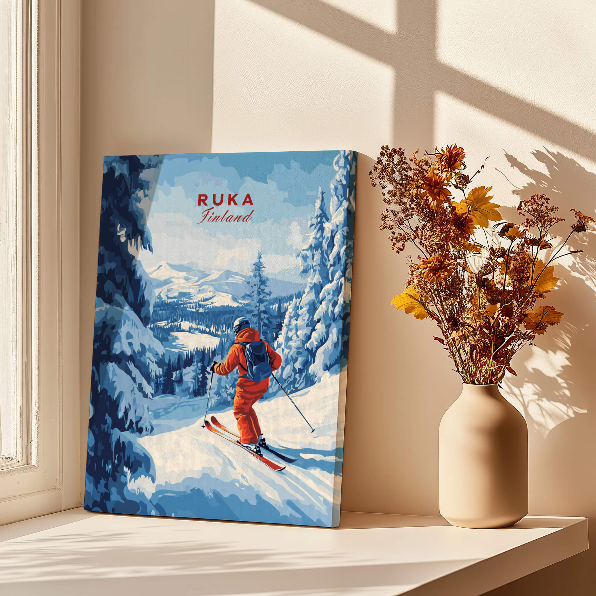 Finland Ski Run Poster - Ruka Snowy Peaks Art Print, Nordic Travel Decor displayed on a sunny windowsill.