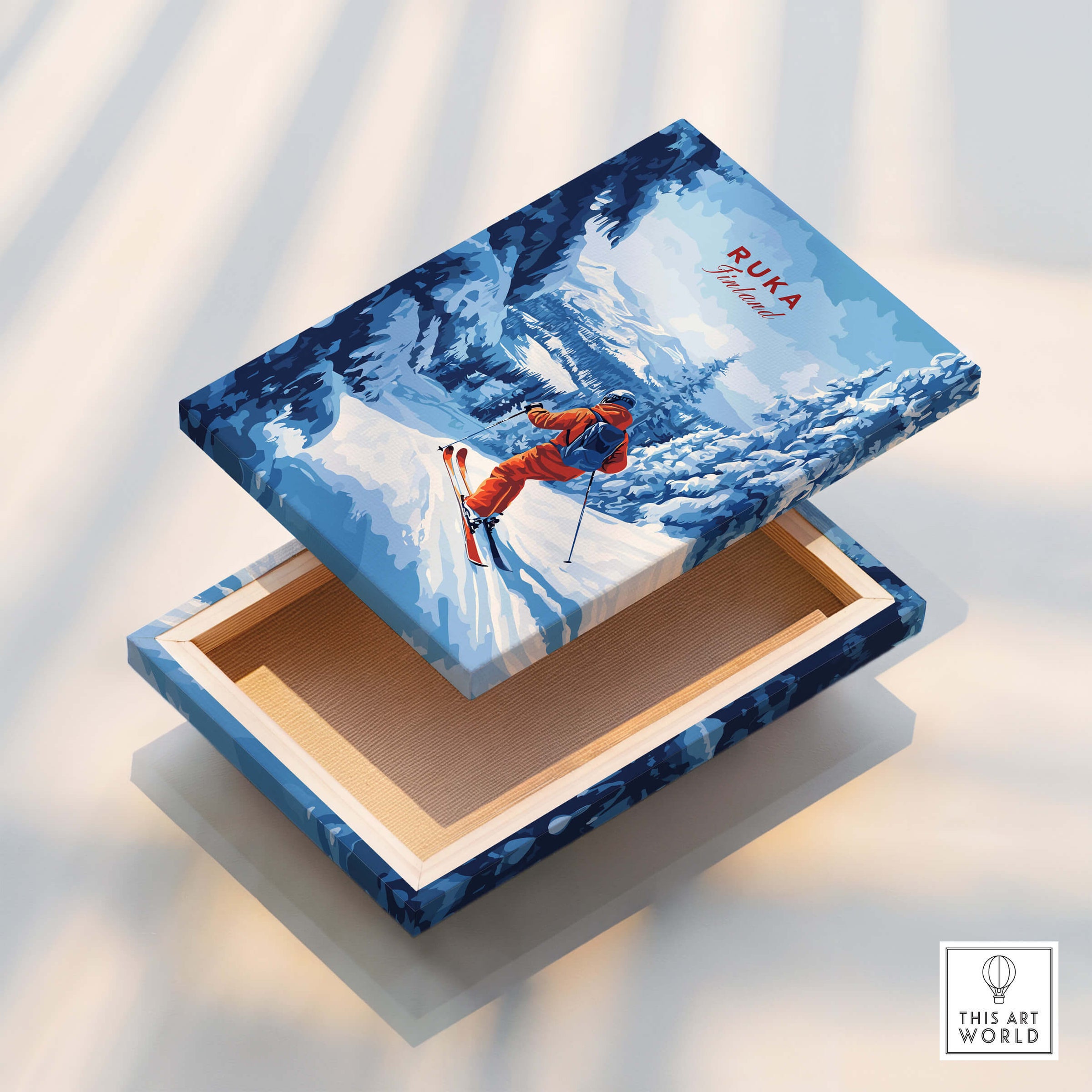 Finland Ski Run Poster - Ruka Snowy Peaks Art Print, Nordic Travel Decor with skier and snowy landscape.