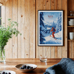 Finland Ski Run Poster - Ruka Snowy Peaks Art Print, Nordic Travel Decor displayed in a cozy interior setting.