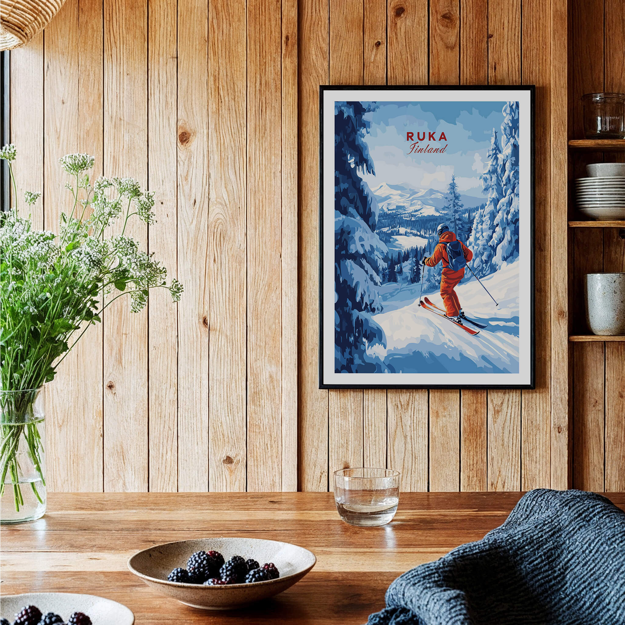 Finland Ski Run Poster - Ruka Snowy Peaks Art Print, Nordic Travel Decor displayed in a cozy interior setting.