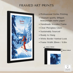 Finland Ski Run Poster - Ruka Snowy Peaks Art Print, Nordic Travel Decor framed art print featuring skier in snowy landscape.
