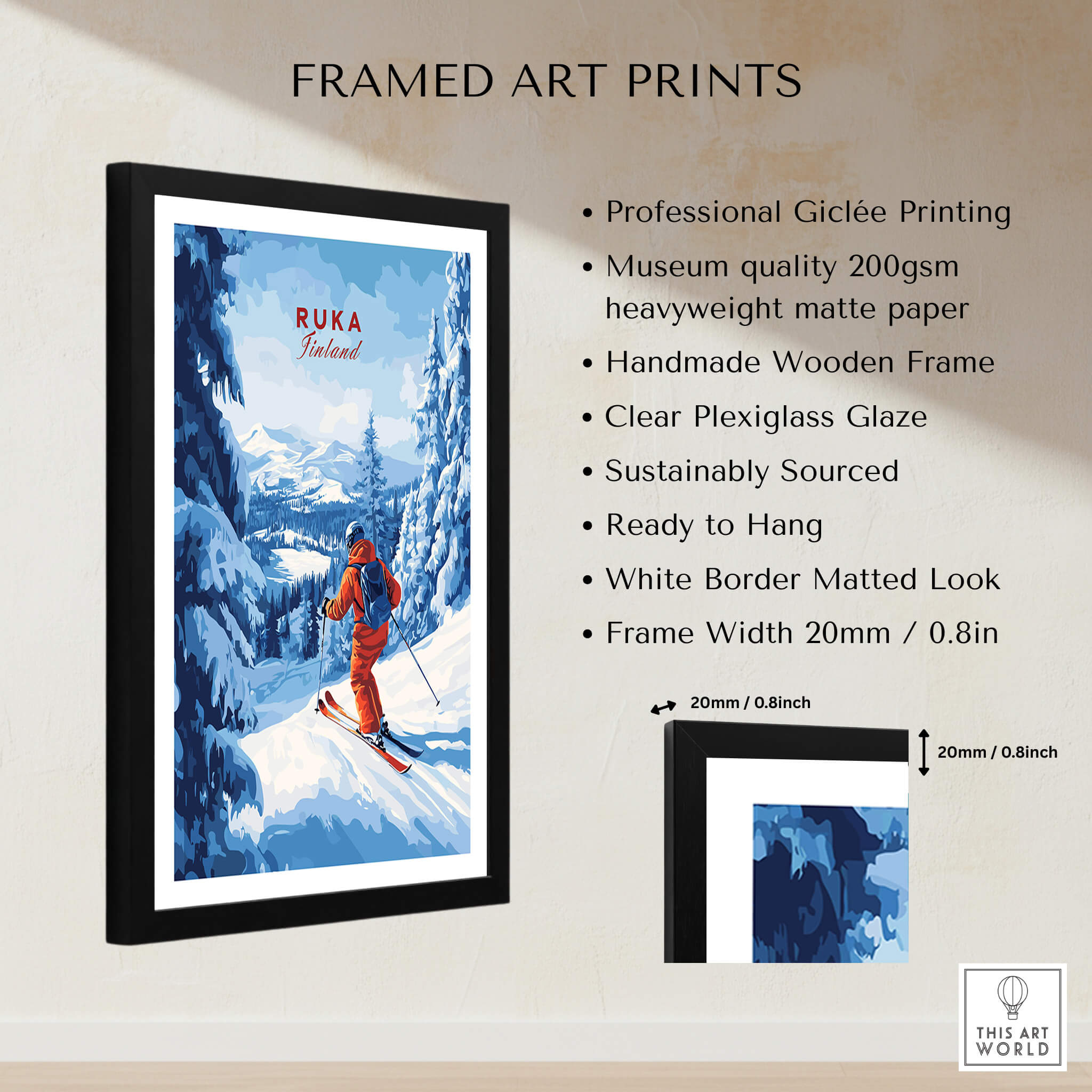 Finland Ski Run Poster - Ruka Snowy Peaks Art Print, Nordic Travel Decor framed art print featuring skier in snowy landscape.