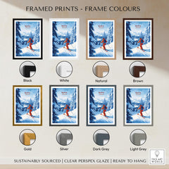 Finland Ski Run Poster - Ruka Snowy Peaks Art Print, Nordic Travel Decor framed print color options display.