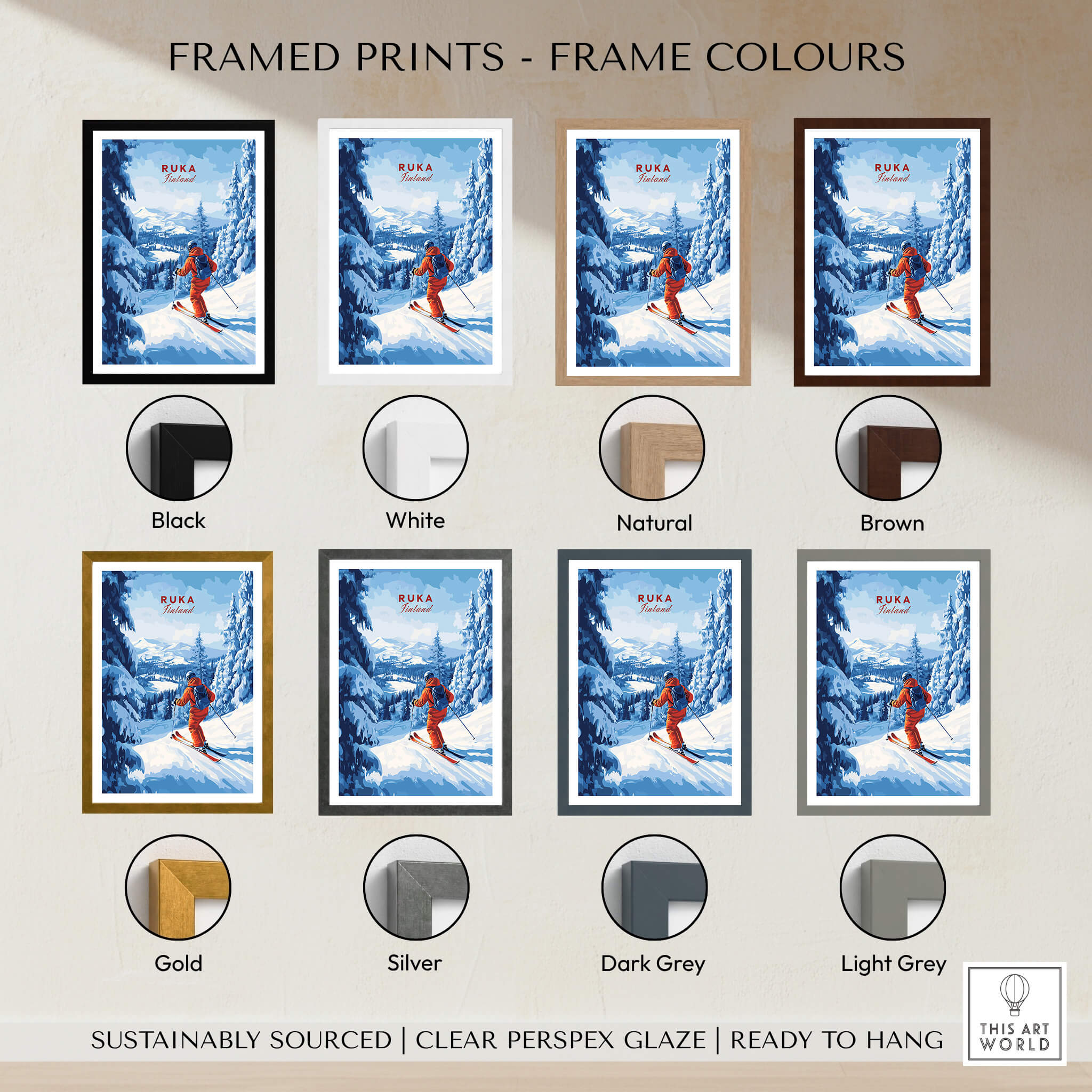 Finland Ski Run Poster - Ruka Snowy Peaks Art Print, Nordic Travel Decor framed print color options display.