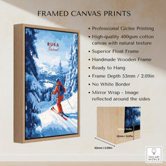 Finland Ski Run Poster - Ruka Snowy Peaks Art Print, Nordic Travel Decor displayed in a framed canvas print with details.