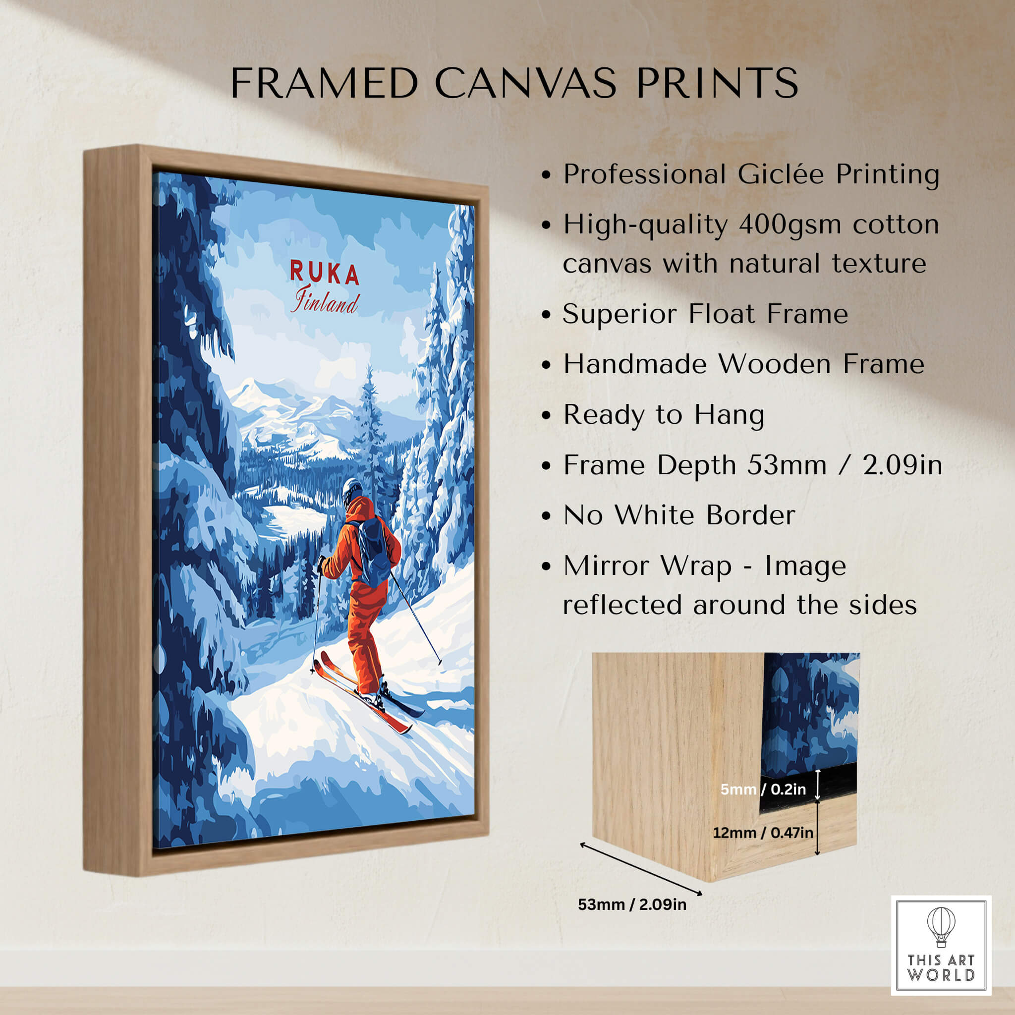 Finland Ski Run Poster - Ruka Snowy Peaks Art Print, Nordic Travel Decor displayed in a framed canvas print with details.