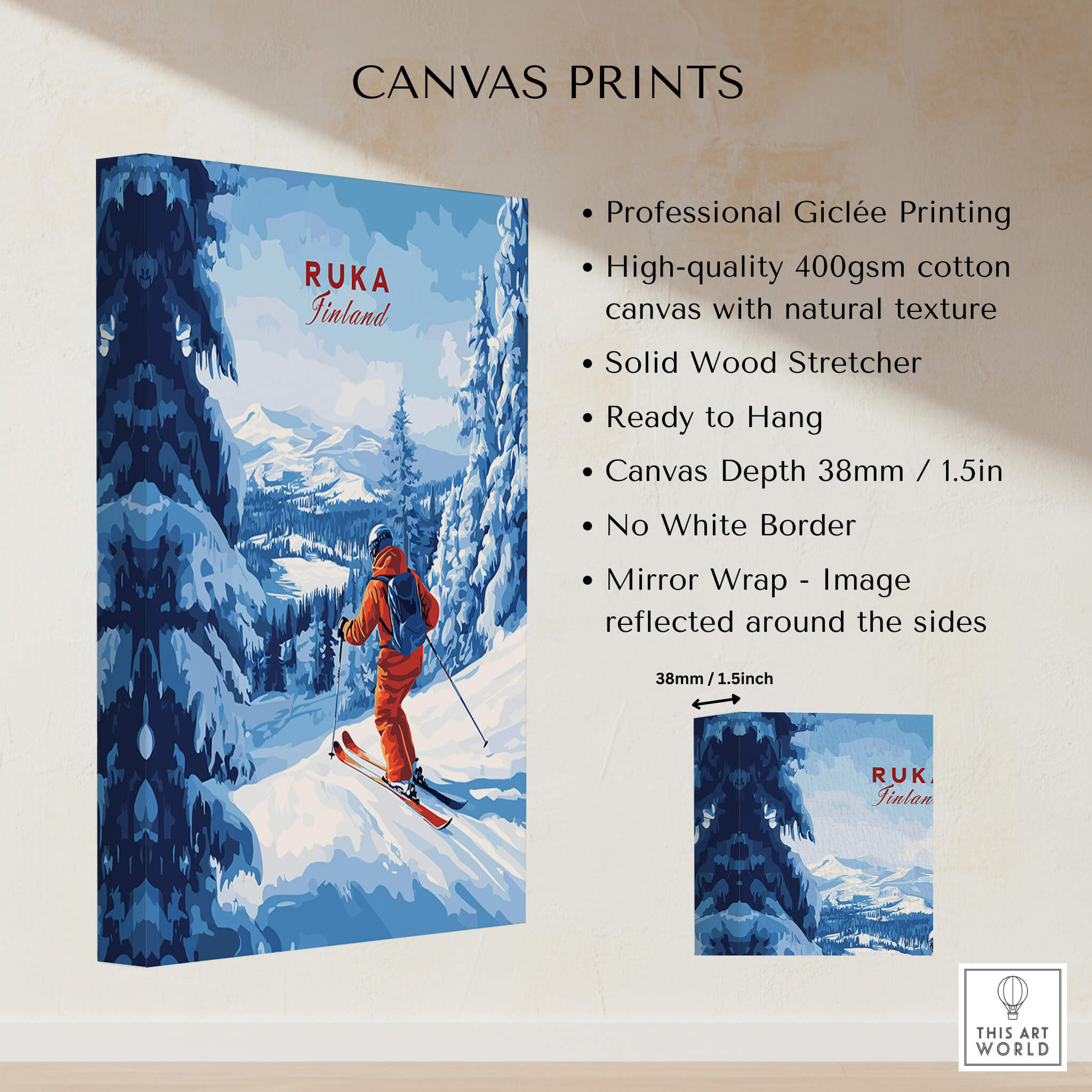 Finland Ski Run Poster - Ruka Snowy Peaks Art Print, Nordic Travel Decor showcasing professional giclee canvas prints.