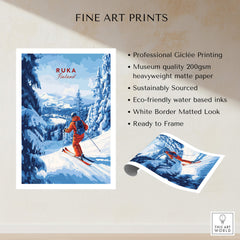 Finland Ski Run Poster - Ruka Snowy Peaks Art Print, Nordic Travel Decor featuring a skier amidst snowy mountains.