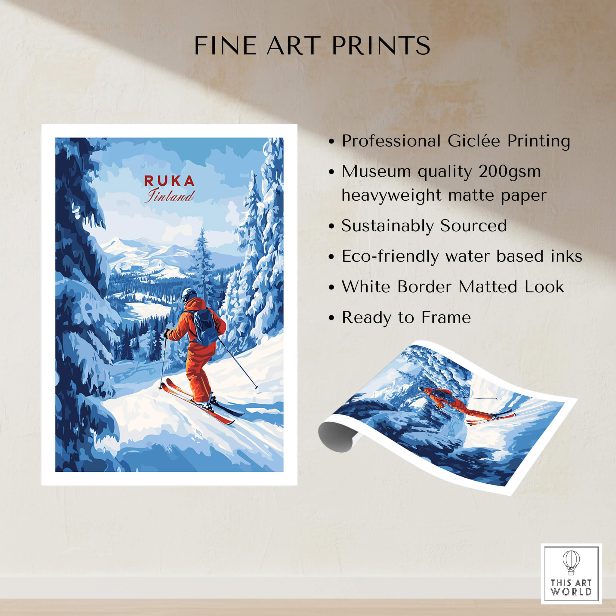 Finland Ski Run Poster - Ruka Snowy Peaks Art Print, Nordic Travel Decor featuring a skier amidst snowy mountains.