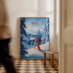 Finland Ski Run Poster - Ruka Snowy Peaks Art Print, Nordic Travel Decor featuring a skier in snowy landscape.