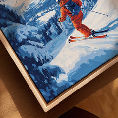 Finland Ski Run Poster - Ruka Snowy Peaks Art Print, Nordic Travel Decor featuring a skier on beautiful snow-covered slopes.