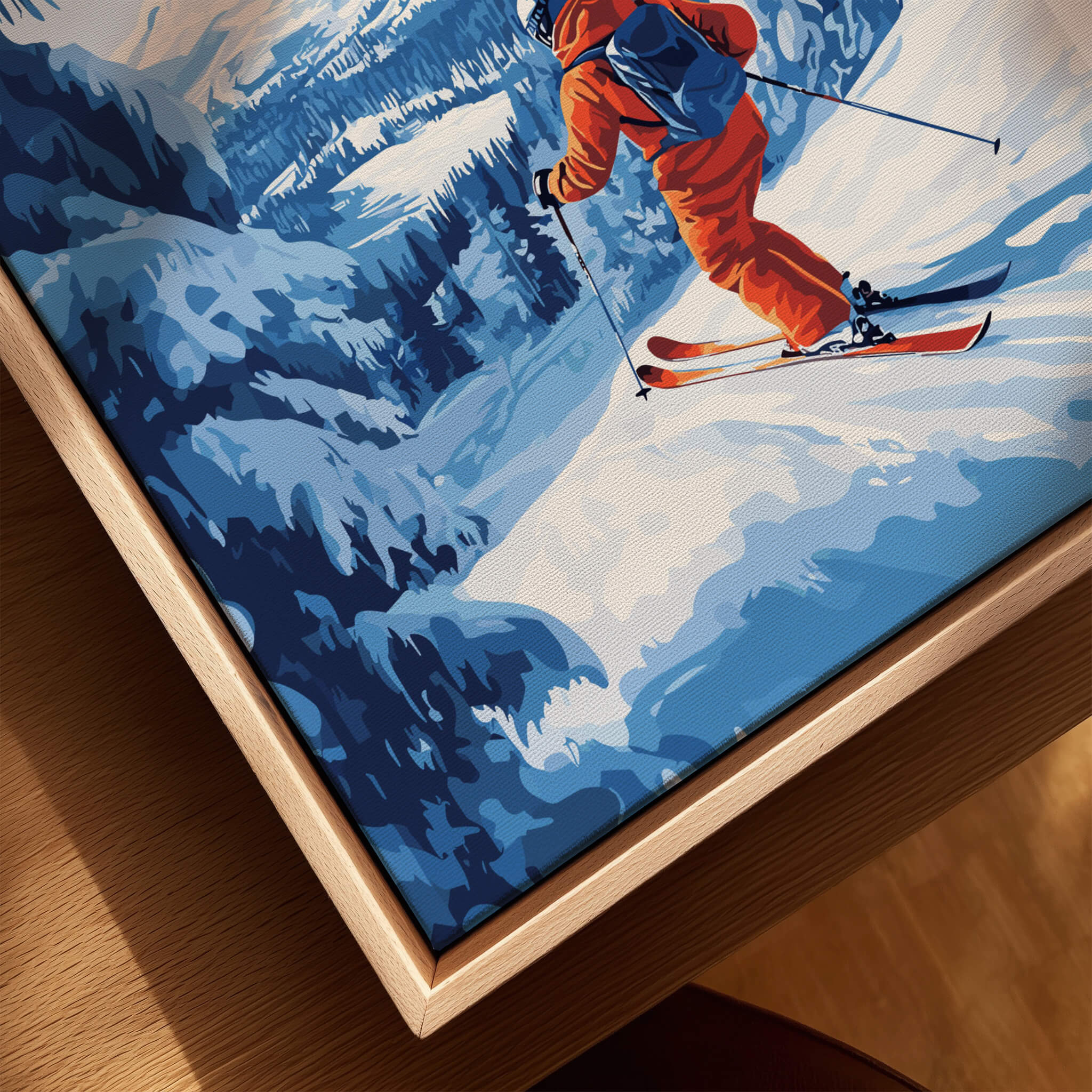 Finland Ski Run Poster - Ruka Snowy Peaks Art Print, Nordic Travel Decor featuring a skier on beautiful snow-covered slopes.