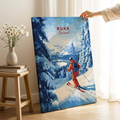 Finland Ski Run Poster - Ruka Snowy Peaks Art Print, Nordic Travel Decor showcasing a skier in snowy landscape.
