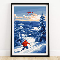 Lapland Ski Landscape Art - Ruka Finland Print, Winter Sports Scene showcasing a skier in a snowy landscape.
