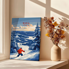 Lapland Ski Landscape Art - Ruka Finland Print, Winter Sports Scene displayed by a sunny window with a vase of flowers.