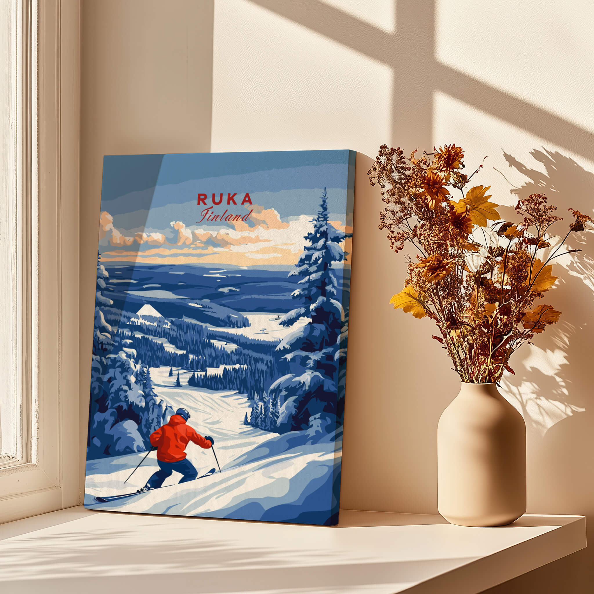 Lapland Ski Landscape Art - Ruka Finland Print, Winter Sports Scene displayed by a sunny window with a vase of flowers.