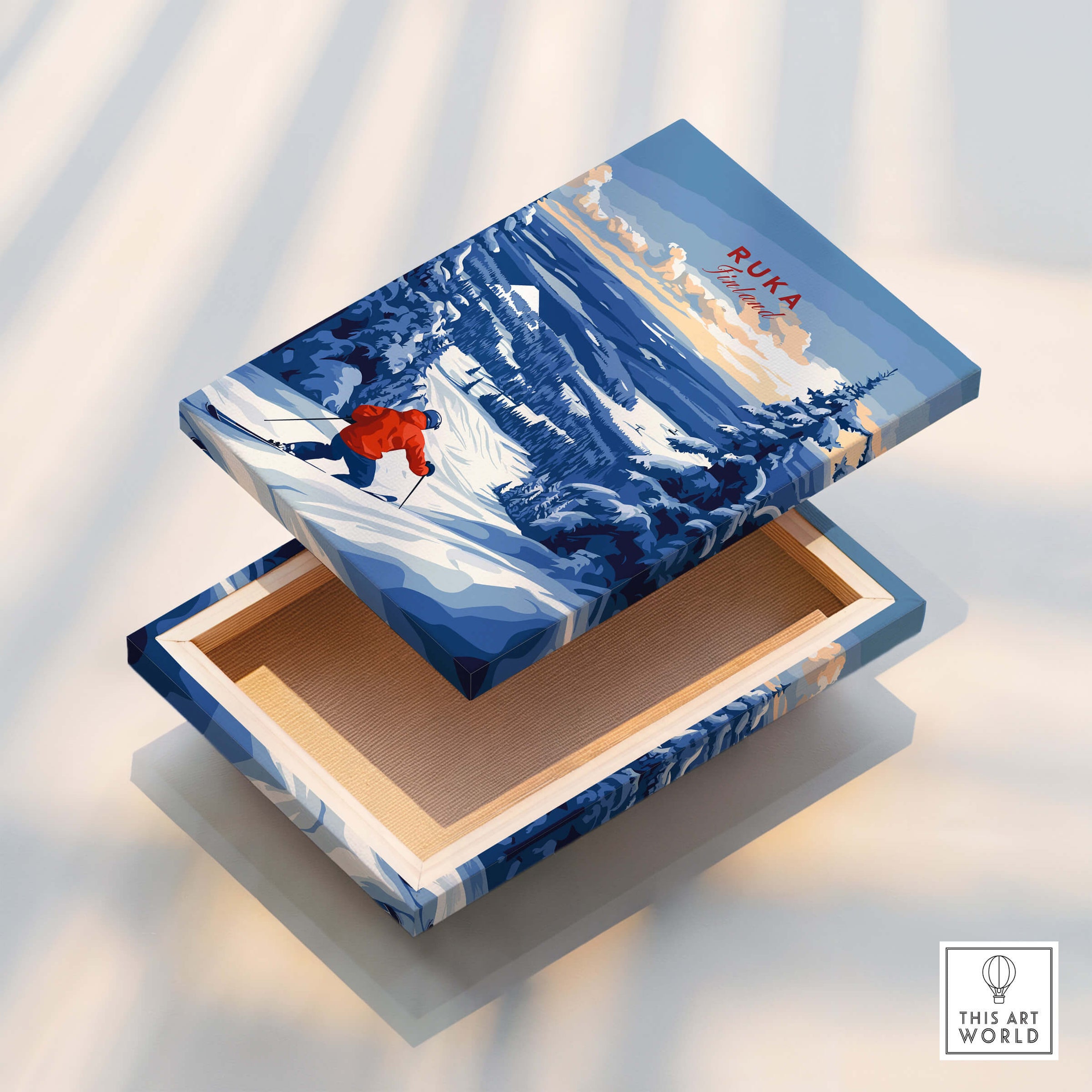 Lapland Ski Landscape Art - Ruka Finland Print, Winter Sports Scene decorative box featuring a skier in a snowy landscape.