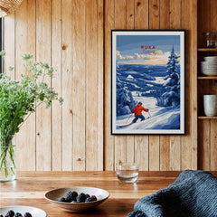 Lapland Ski Landscape Art - Ruka Finland Print, Winter Sports Scene displayed in a cozy interior with wooden accents.