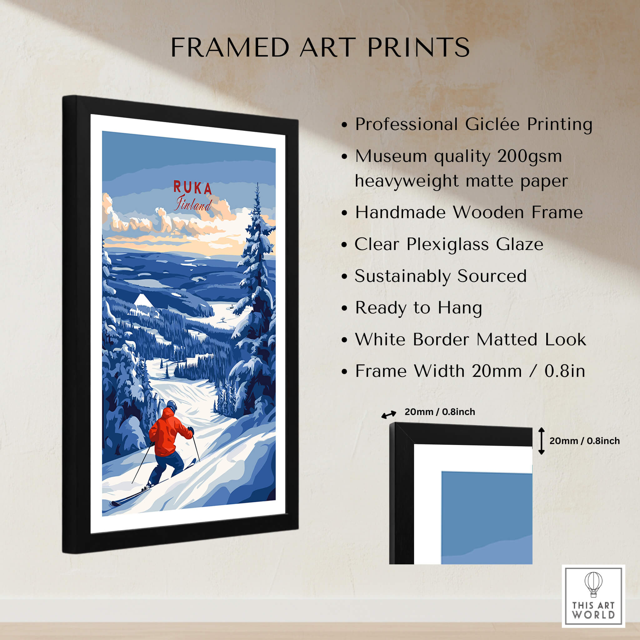 Lapland Ski Landscape Art - Ruka Finland Print, Winter Sports Scene framed print showcasing a snowy landscape with skier.