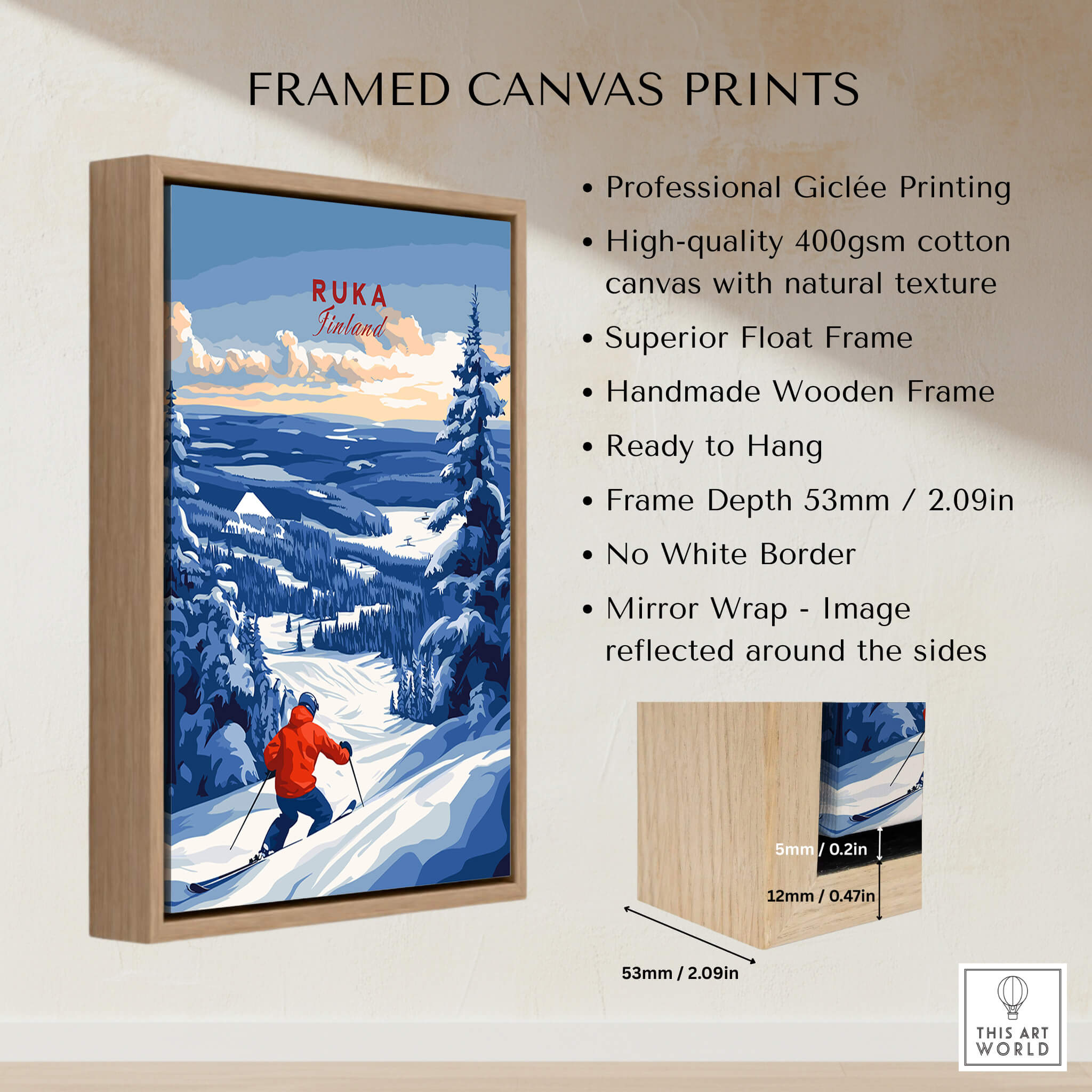 Lapland Ski Landscape Art - Ruka Finland Print, Winter Sports Scene framed canvas print features ski scene detail.