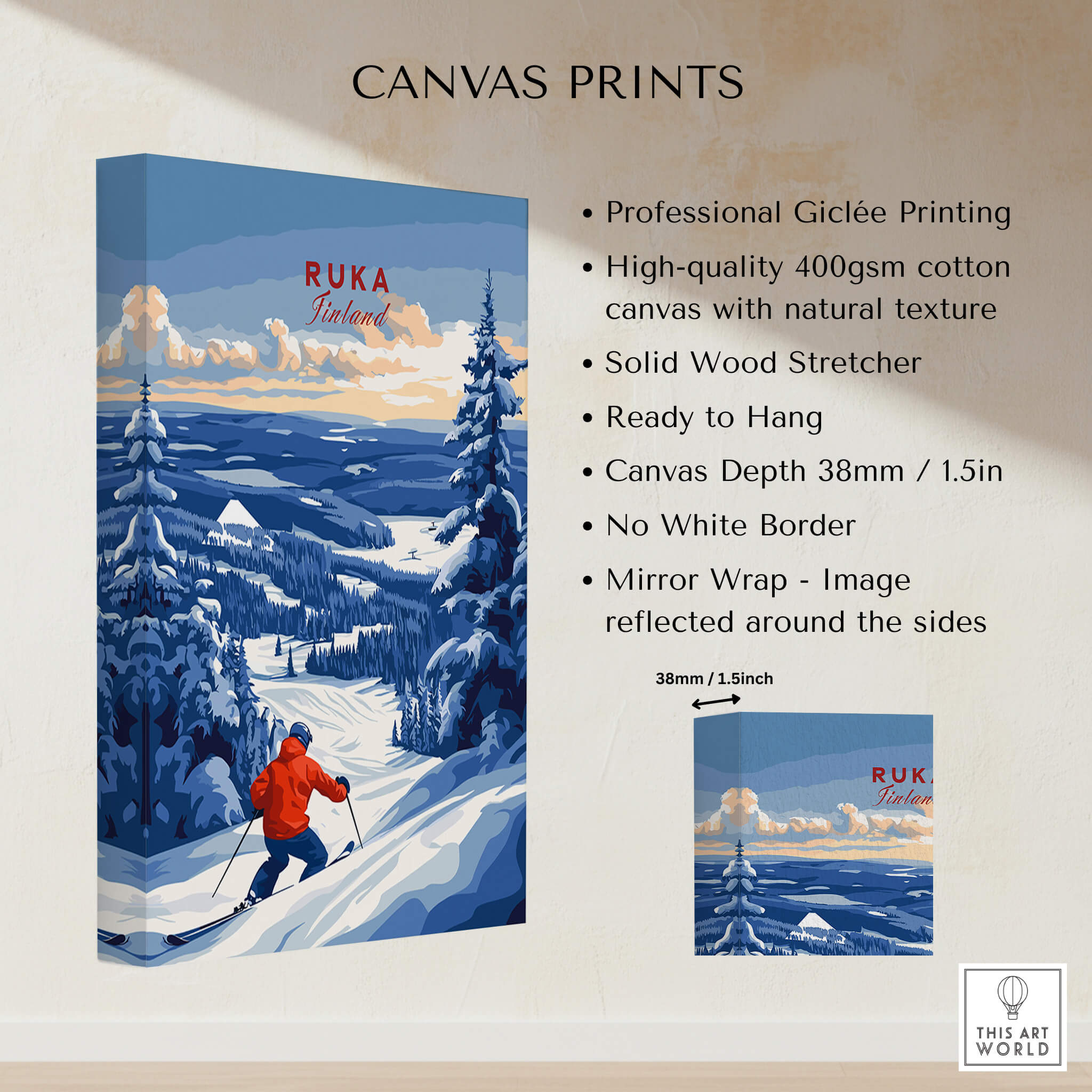Lapland Ski Landscape Art - Ruka Finland Print, Winter Sports Scene featuring skier in snowy landscape.