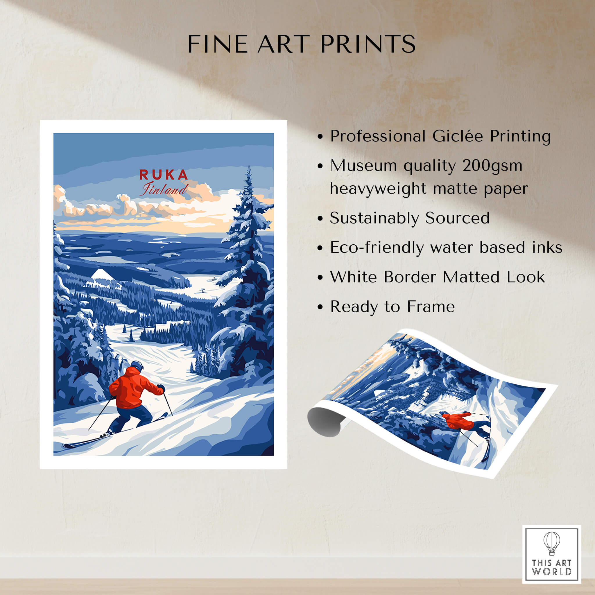 Lapland Ski Landscape Art - Ruka Finland Print, Winter Sports Scene with professional Giclée printing details.
