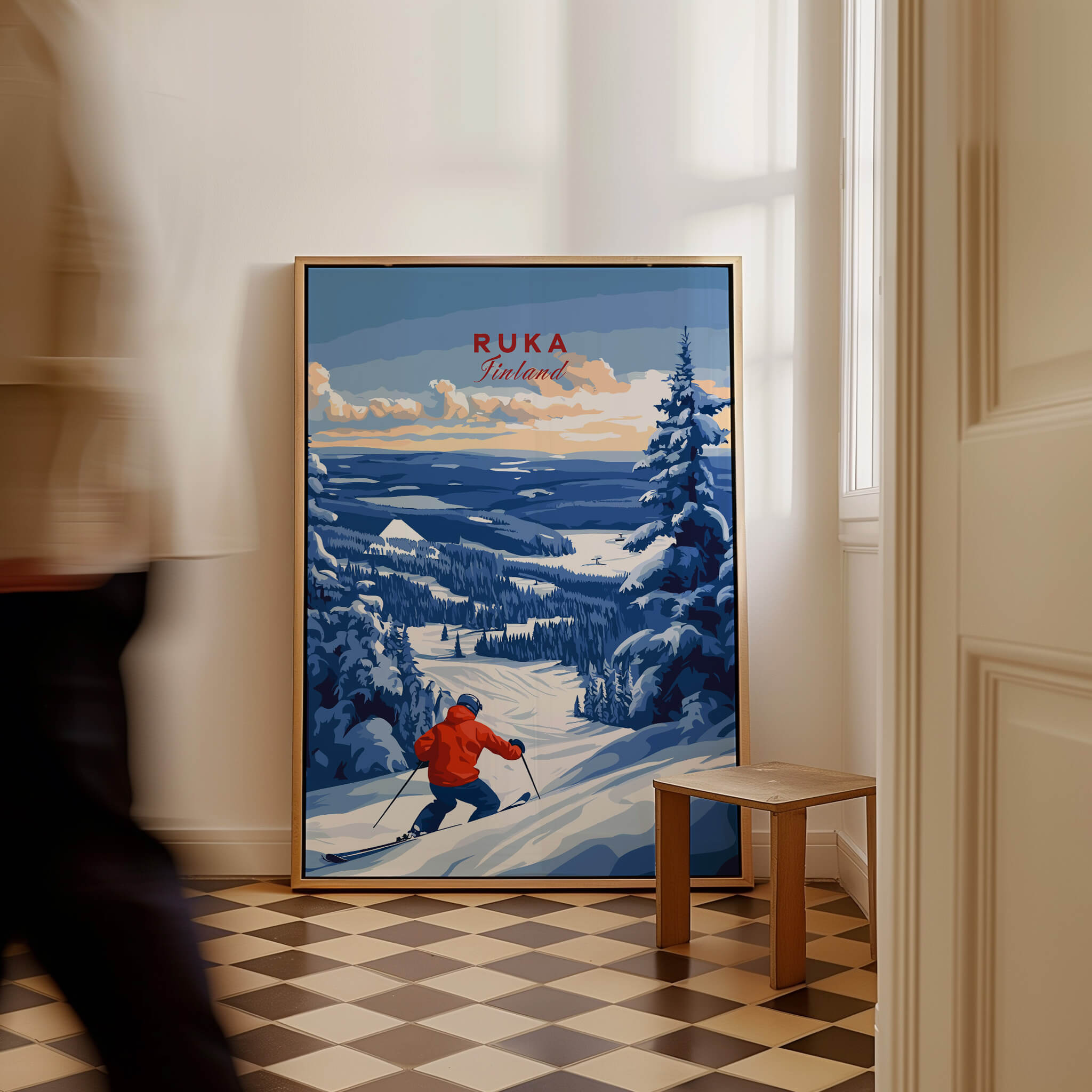 Lapland Ski Landscape Art - Ruka Finland Print, Winter Sports Scene displayed in modern interior with skier.