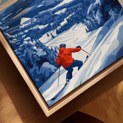 Lapland Ski Landscape Art - Ruka Finland Print, Winter Sports Scene depicting a skier in a snowy landscape.