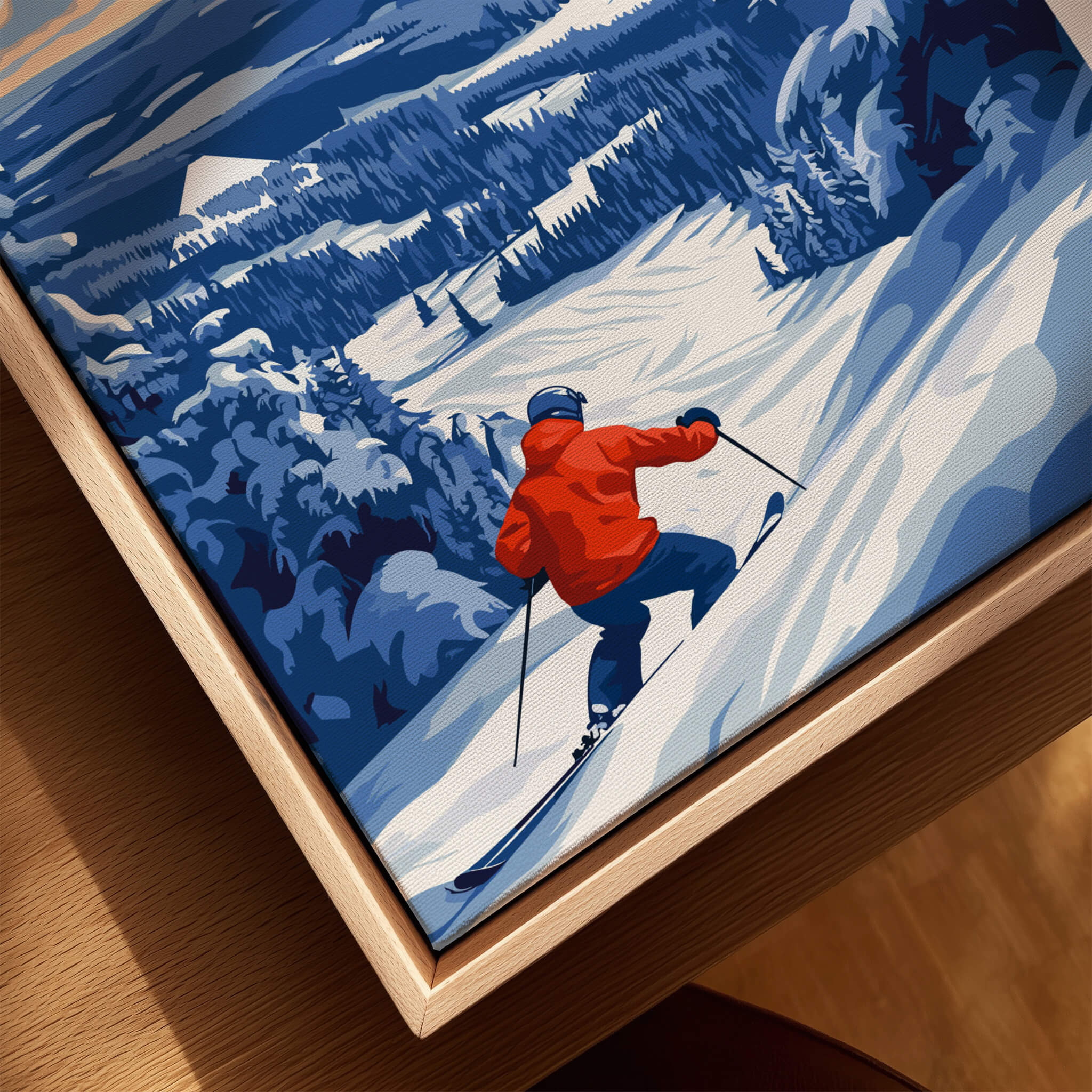 Lapland Ski Landscape Art - Ruka Finland Print, Winter Sports Scene depicting a skier in a snowy landscape.