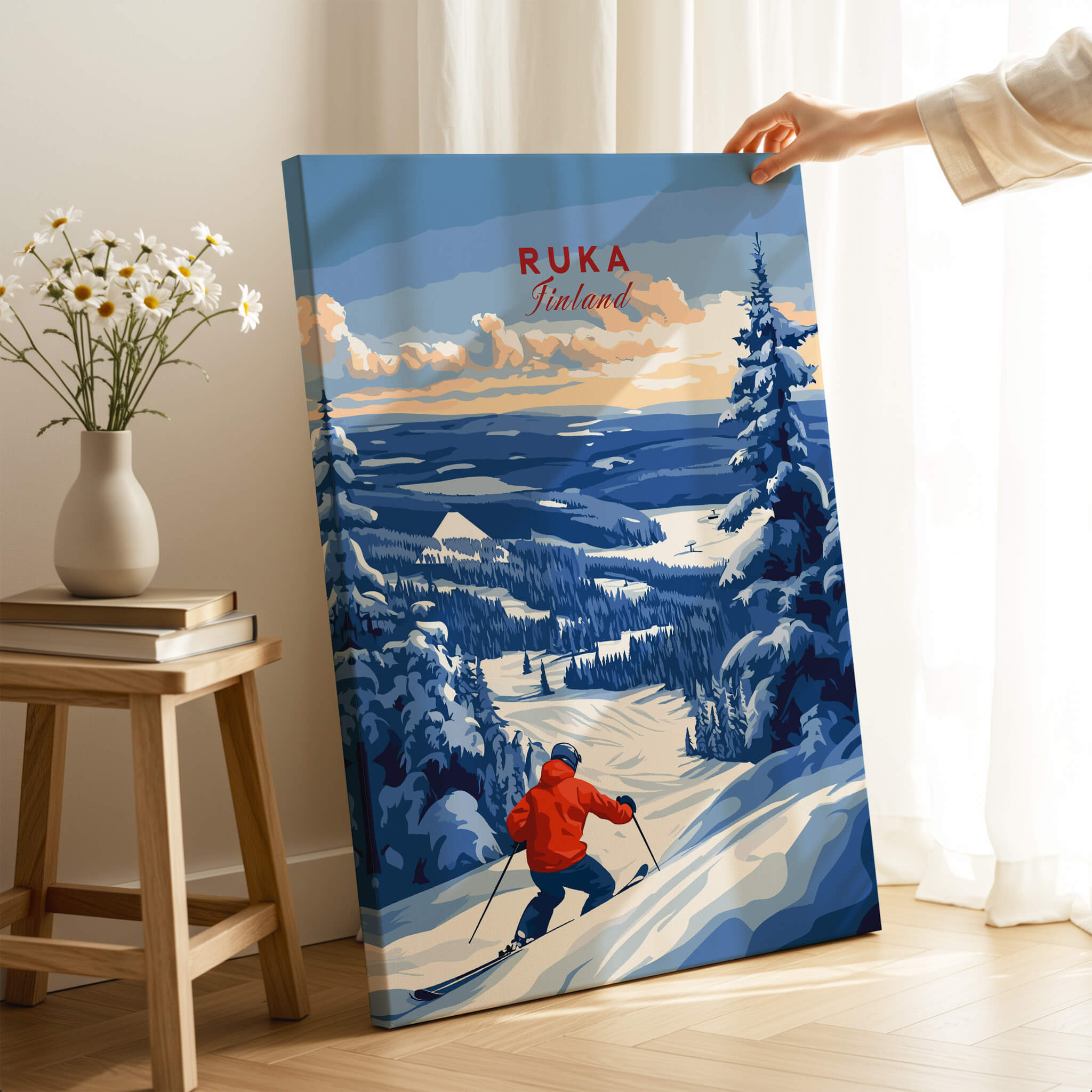 Lapland Ski Landscape Art - Ruka Finland Print, Winter Sports Scene featuring a skier in a beautiful snowy landscape.