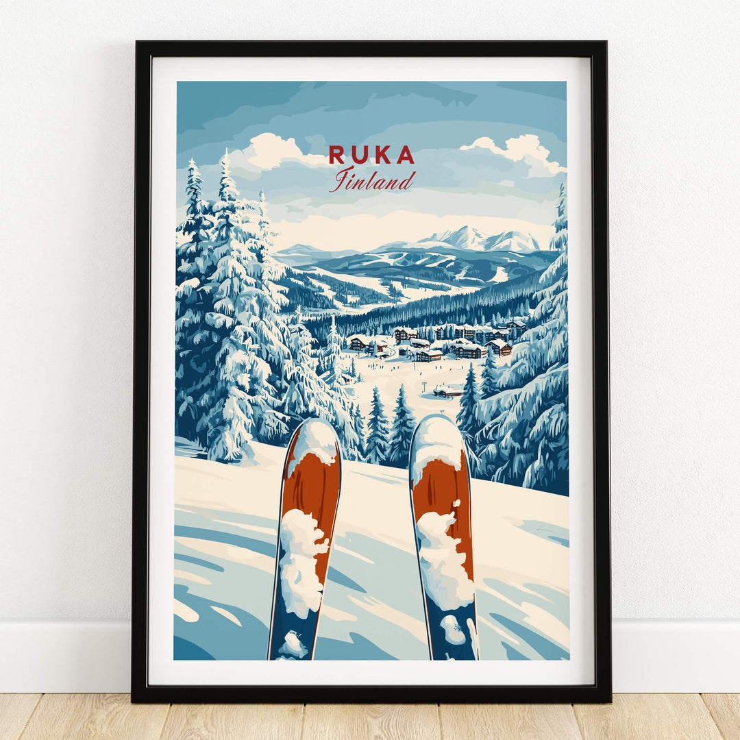 Ruka Ski Poster showcasing a scenic winter landscape in Ruka Finland with skis in the foreground.
